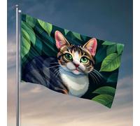Bandiere da giardino divertenti con un gatto con gli occhi verdi circondato da foglie. Bandiere per la tua stanza, bar grotta uomo (60 x 90 cm)