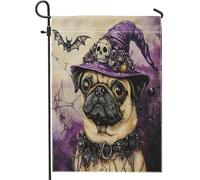 Bandiere da giardino divertenti per Halloween, strega e carlino, 30,5 x 45,7 cm, double-face, per esterni, cappello da mago, cucciolo, bandierine standard in tela per casa, cortile e giardino
