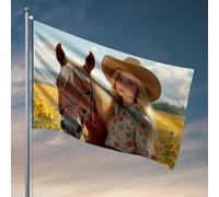 Bandiere da giardino divertenti sogni floreali: una donna con il suo cavallo in un campo di fiori bandiera decorazione per esterni patio bar accessori (152 x 244 cm)