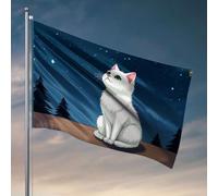 Bandiere da giardino divertenti un gatto bianco con gli occhi verdi si siede su una superficie di legno sotto un cielo notturno stellato. Bandiere per la tua stanza da uomo bar (30 x 45 cm)
