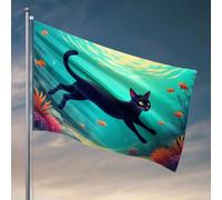 Bandiere da giardino divertenti Un gatto nero nuota tra pesci colorati in una scena subacquea. Bandiere divertenti fantastiche bandiere divertenti (152 x 244 cm)