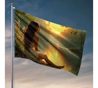 Bandiere da giardino divertenti una donna siede vicino a un lago sereno, bagnata dalla luce del sole dorata. Bandiere per la tua stanza Uomo bar grotta (120 x 180 cm)