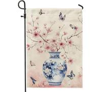 Bandiere da giardino floreali primaverili ed estivi, vaso decorativo blu e bianco con fiori e farfalle, decorazione per prato, bandiera da cortile in iuta per casa e giardino