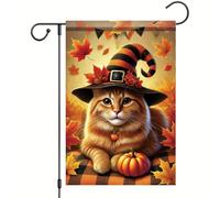 Bandiere Da Giardino Halloween Fall Cat With Pumpkin Hat Autumn Witch Hat Plaid Blanket Bandiera Decorativa Durevole Bandieradacortile Resistente Dissolvenza Pride Flag Per Bar Portico 30X45Cm