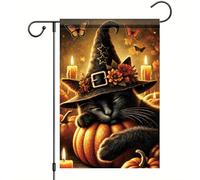 Bandiere Da Giardino Halloween Fall Cat With Witch Hat Pumpkin Autumn Candle Butterfly Pride Flag Resistente Intemperie Outdoor Bandiera Durevole Bandieradacortile Per Bar Prato 30X45Cm