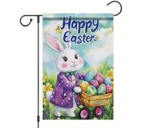 Bandiere Da Giardino Happy Easter Bunny Bunny With Eggs Flowers Outdoor Bandiera Durevole Bandieradacortile Resistente Intemperie Bandiera Decorativa Per Prato Celebrazioni Bar 30X45Cm
