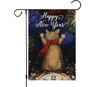 Bandiere Da Giardino Happy New Year Cat Fireworks Clock Eve Bandiera Decorativa Resistente Intemperie Bandieradacortile Durevole Outdoor Bandiera Per Prato Portico Celebrazioni 30X45Cm