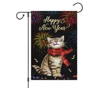 Bandiere Da Giardino Happy New Year Cat Fireworks Eve Bandiera Decorativa Durevole Bandieradacortile Resistente Dissolvenza Outdoor Bandiera Per Bar Prato Celebrazioni 30X45Cm