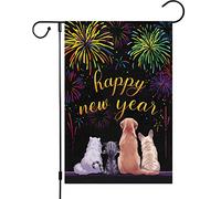 Bandiere Da Giardino Happy New Year Fireworks Cat Dog Eve Bandiera Decorativa Durevole Bandieradacortile Resistente Dissolvenza Outdoor Bandiera Per Celebrazioni Bar Prato 30X45Cm