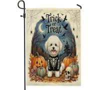 Bandiere da giardino in iuta con cane Bichon Frise, per Halloween, 30,5 x 45,7 cm, double face, per esterni, motivo gotico per le vacanze, piccole bandiere per prato, bandiere per casa all'aperto