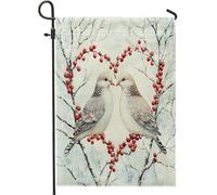 Bandiere da giardino in iuta con colombe e uccelli, 30,5 x 45,7 cm, double face, per esterni, San Valentino, foresta innevata, piccola casa, cuore, portico, prato