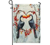 Bandiere da giardino in iuta con uccellini, 30,5 x 45,7 cm, double face, per esterni, San Valentino, foresta innevata, piccola casa, cuore, casa, portico, prato