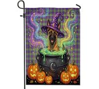 Bandiere da giardino in iuta per cortile anteriore del cane Malinois belga di Halloween 12 x 18 su entrambi i lati per esterni, motivo calderone per le vacanze piccole bandiere per prato, bandiere per