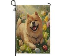 Bandiere da giardino in iuta per cortile anteriore del cane Spring Easter Chow Chow 30,5 x 45,7 cm su entrambi i lati per esterni, bandiere per campi floreali per piccole case, bandiere per animali