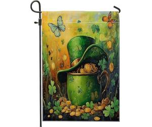 Bandiere da giardino in vaso d'oro per il giorno di San Patrizio, 30,5 x 45,7 cm, double face per esterni, cappello dipinto a olio trifoglio, bandiere verticali standard per la casa, bandiere per la
