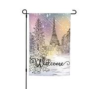 Bandiere da giardino Inverno Strada Paesaggio Premium Yard Flag Romantica Torre Eiffel Sfondo colorato Pittura Vacanza Festa Bandiera Outdoor Fattoria Decor Home Portico Bandiere 12 x 18 pollici
