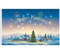 Bandiere Da Giardino Merry Christmas Xmas Trees Firework Snow House Landscape Winter Bandiera Decorativa Colore Vivido Pride Flag Durevole Bandiera Dell'Orgoglio Per Esterno Prato 152X90CM