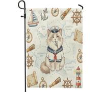 Bandiere da giardino nautiche con gatto ragdoll blu navy, 30,5 x 45,7 cm, double face, per esterni, motivo rotta di nave gattino estivo, bandiere per la casa in tela standard, bandiera per la casa