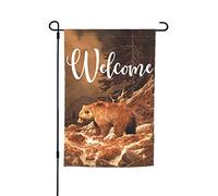 Bandiere da giardino Orso bruno Premium Yard Flag Scenario forestale con rocce Animali selvatici Pittura creativa Vacanza Festa Bandiera Decorazioni per fattorie all'aperto Portico di casa Bandiere 12