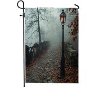 Bandiere da giardino paesaggistiche con lampione autunnale, 30,5 x 45,7 cm, double face, per esterni, parco autunnale, nebbia, foglia d'acero, bandierine standard per casa, cortile, cortile urbano