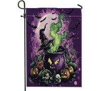 Bandiere da giardino per calderone strega di Halloween, 30,5 x 45,7 cm, double face, per esterni, estetica vintage, motivo zucca spaventosa, bandiera per casa, pipistrello horror, cortile, cortile