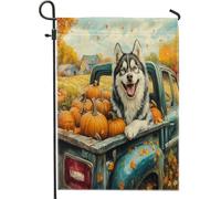 Bandiere da giardino per cani Alaskan Malamutes Autunno Country Truck 30,5 x 45,7 cm, double face per decorazione esterna, motivo cucciolo di zucca autunnale, bandiera per casa, fattoria all'aperto