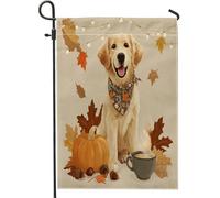Bandiere da giardino per cani autunnali Golden Retriever 30,5 x 45,7 cm, double face, per esterni, con zucca autunnale, caffè, ghianda, bandiera standard in tela per casa, cucciolo di animale