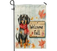 Bandiere da giardino per cani bassotto autunnale, 30 x 45 cm, double face, per esterni, con motivo autunnale con cuccioli, bandiere standard in tela per casa, foglia d'acero in legno per animali
