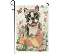 Bandiere da giardino per cani Boston Terrier Spring Easter 30,5 x 45,7 cm, double face, decorative esterne, divertenti uova carine, motivo cucciolo, bandiera per casa, fiori all'aperto piccola