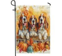Bandiere da giardino per cani con bassethound autunnale, 30,5 x 45,7 cm, per esterni, recinzioni autunnali, zucca, acero, standard, verticali, in lino, per casa, cuccioli, animali domestici, cortile