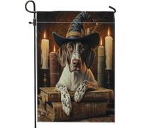 Bandiere da giardino per cani con puntatore a pelo corto da strega di Halloween, 30 x 45 cm, double face, per esterni, libro magico, candela, cucciolo, bandierine standard per casa, in tela, vintage
