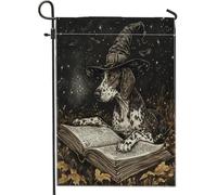 Bandiere da giardino per cani con puntatore a pelo corto da strega di Halloween, 30 x 45 cm, per esterni, vintage libro magico cucciolo, bandiere verticali standard in lino per casa, bandiere