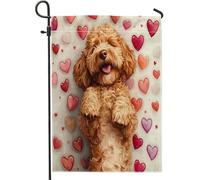 Bandiere da giardino per cani con scarabocchio dorato, 30 x 45 cm, double face, per esterni, San Valentino, graziose bandiere per prato in iuta a forma di cuore, per animali domestici, piccola casa