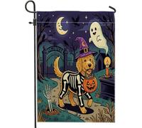 Bandiere da giardino per cani con scarabocchio dorato di Halloween, 30,5 x 45,7 cm, double face, per esterni, cimitero cucciolo horror, bandiere verticali standard per casa, spaventose bandiere per
