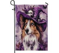 Bandiere da giardino per cani da pastore delle Shetland, divertenti per Halloween, 30,5 x 45,7 cm, double face, per esterni, cappello da mago, motivo cucciolo, bandiere standard in tela, bandiera