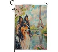 Bandiere da giardino per cani da pastore Shetland primaverili, 30,5 x 45,7 cm, double face, per esterni, motivo torri romantiche, bandiera per casa da cortile, piccola bandiera per esterni per animali
