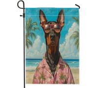 Bandiere da giardino per cani da spiaggia doberman, 30 x 45 cm, double face, per esterni, divertenti bandiere hawaiane da spiaggia, bandiere per prato in iuta standard, per cuccioli di animali