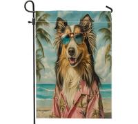Bandiere da giardino per cani da spiaggia Rough Collie, 30,5 x 45,7 cm, double face, divertenti bandiere hawaiane da spiaggia, bandiere per prato in iuta standard, per animali domestici, cortile
