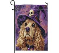 Bandiere da giardino per cani da strega, Cocker Spaniel, 30,5 x 45,7 cm, double-face, per esterni, cappello da mago, motivo cucciolo, bandierine per casa, stile gotico, cortile, cortile, prato