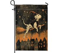 Bandiere da giardino per cani dalmata di Halloween, 30,5 x 45,7 cm, double face, per esterni, con scopa da strega, stelle, bandierine per prato, cortile, piccola casa, decorazione per esterni