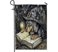 Bandiere da giardino per cani di Halloween, strega, bassotto, 30,5 x 45,7 cm, double face, per decorazione esterna, vintage libro magico con cuccioli, bandiera per casa da cortile, estetica per