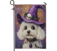 Bandiere da giardino per cani di Halloween, strega Bichon Frise, 30,5 x 45,7 cm, double face, per decorazione esterna, motivo cucciolo di astrologia dei tarocchi, bandiera per casa da cortile, piccola