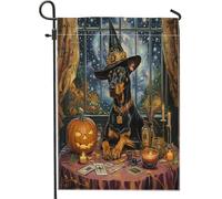 Bandiere da giardino per cani di Halloween, strega Doberman, 30,5 x 45,7 cm, double face, per decorazione esterna, motivo cucciolo di astrologia dei tarocchi, bandiera per casa, piccola bandiera da