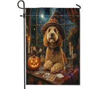 Bandiere da giardino per cani di Halloween, strega, Labradoodle, 30,5 x 45,7 cm, double face, per decorazione esterna, motivo cucciolo di astrologia dei tarocchi, bandiera per casa, piccola bandiera