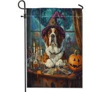 Bandiere da giardino per cani di Halloween, strega San Bernardo, 30,5 x 45,7 cm, double face, per decorazione esterna, motivo cucciolo di astrologia dei tarocchi, bandiera per casa da cortile, piccola