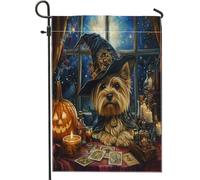Bandiere da giardino per cani di Halloween Witch Yorkies 30,5 x 45,7 cm su entrambi i lati per decorazioni esterne, tarocchi astrologia cucciolo bandiera per cortile casa, strega all'aperto piccola