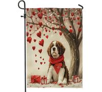 Bandiere da giardino per cani di San Valentino San Bernardo, 30,5 x 45,7 cm, double face, per decorazione esterna, divertente motivo a cuore con albero e cucciolo, bandiera per casa da cortile per