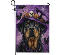 Bandiere da giardino per cani divertenti per Halloween, strega Rottweiler, 30,5 x 45,7 cm, double face, per esterni, cappello da mago, motivo cucciolo, bandiera per casa, stile gotico, cortile