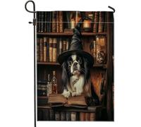 Bandiere da giardino per cani giapponesi di Halloween, 30,5 x 45,7 cm, double face, per esterni, decorazione per esterni, libri magici spaventosi con streghe e cuccioli, bandiera per casa, piccola