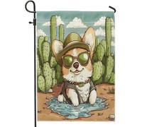 Bandiere da giardino per cani Kawaii Corgi, 30,5 x 45,7 cm, double face, per esterni, divertenti bandiere per prato con cactus, deserto, standard, in iuta, per animali domestici, cuccioli, bambini